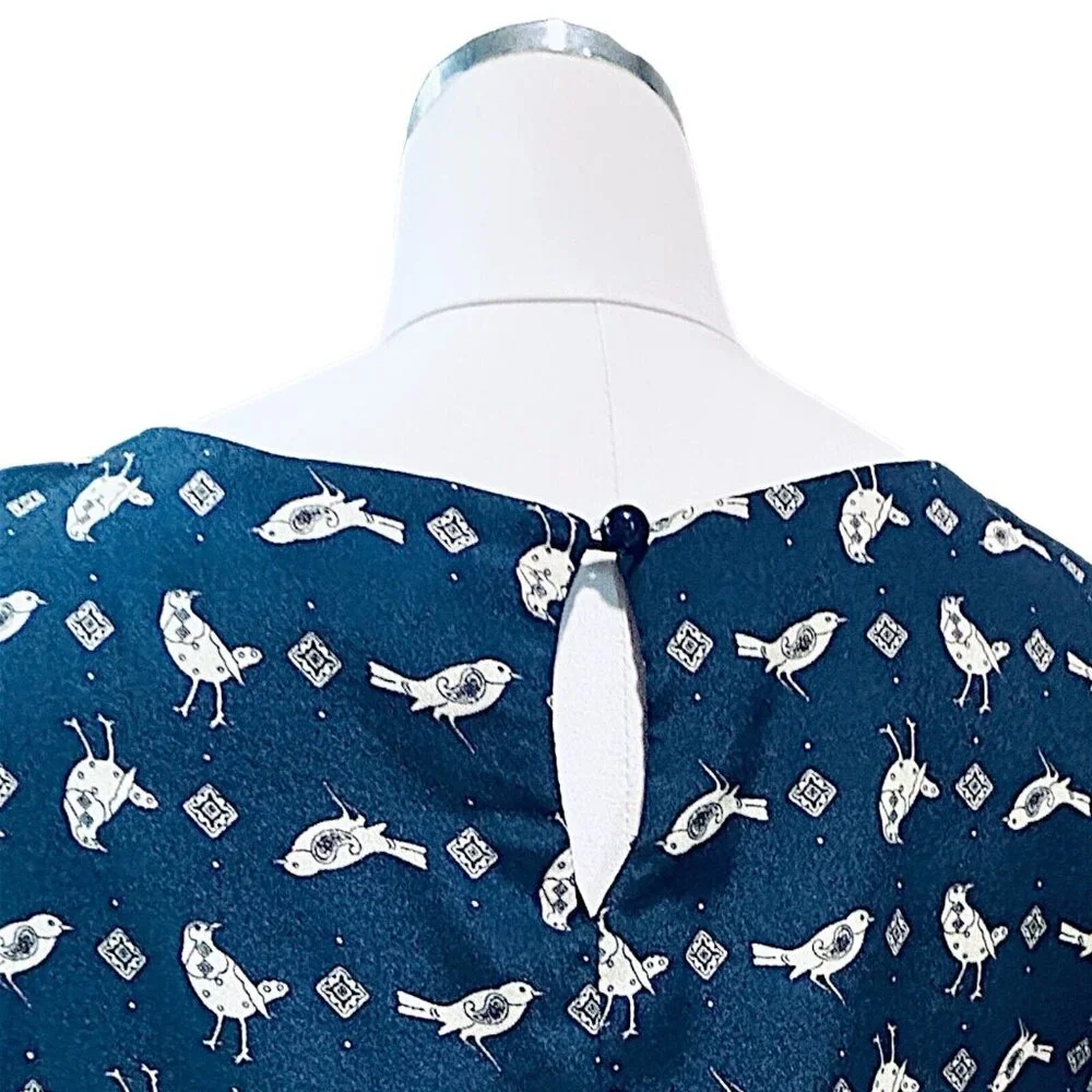 LILY ROSE Womens Shirt Dress Size Medium Bird Navy Blue Preppy Casual Shift Mini - Picture 10 of 16